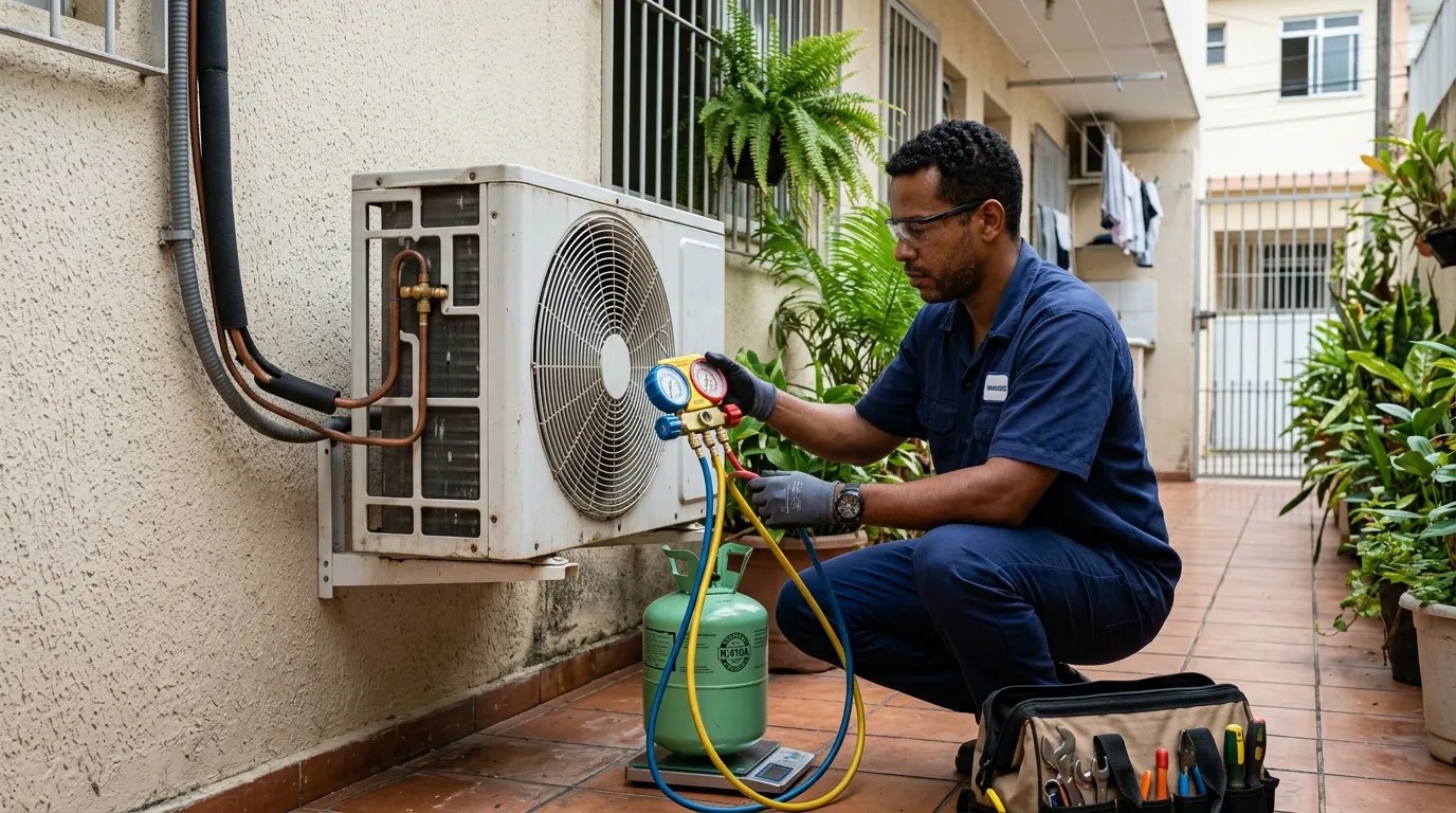Técnico fazendo carga de gás na condensadora do ar-condicionado em Santo André‑SP