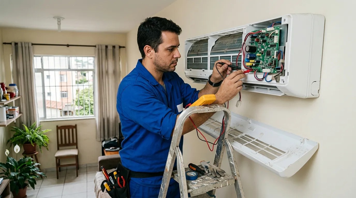 Técnico trocando a placa eletrônica de ar-condicionado split em Santo André‑SP