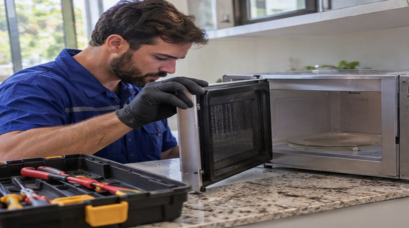 Conserto de micro-ondas em Santo André‑SP: técnico abrindo um micro-ondas de bancada