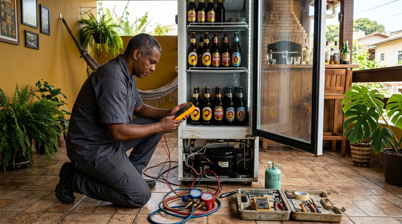 Placa eletrônica de cervejeira em reparo na bancada em Utinga, Santo André‑SP