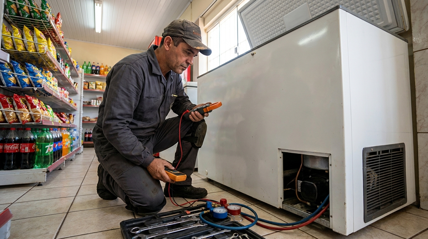 Reparo da placa eletrônica de um freezer em atendimento na Vila Floresta, Santo André‑SP