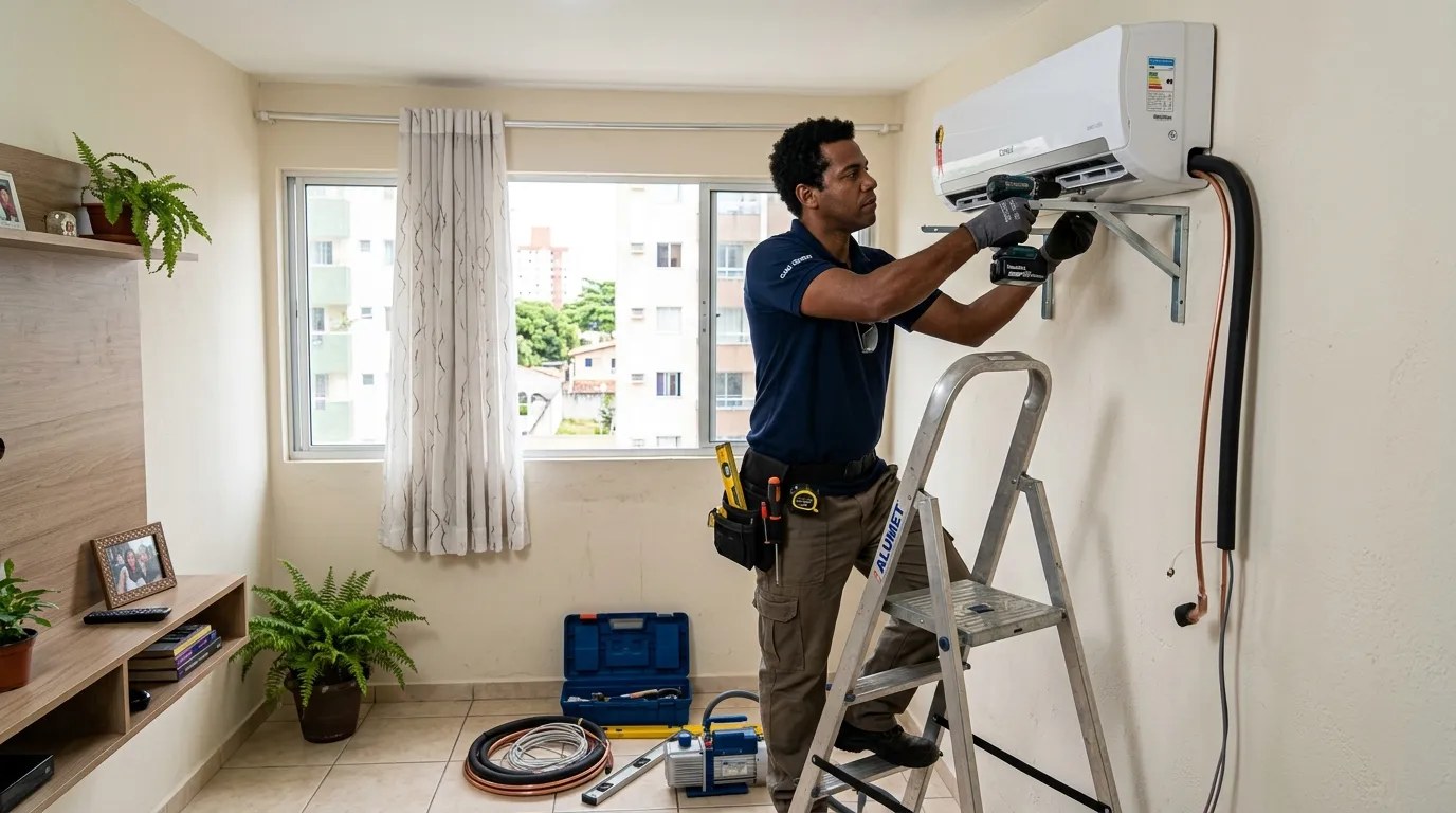 Técnico instalando ar-condicionado split em residência em Santo André‑SP