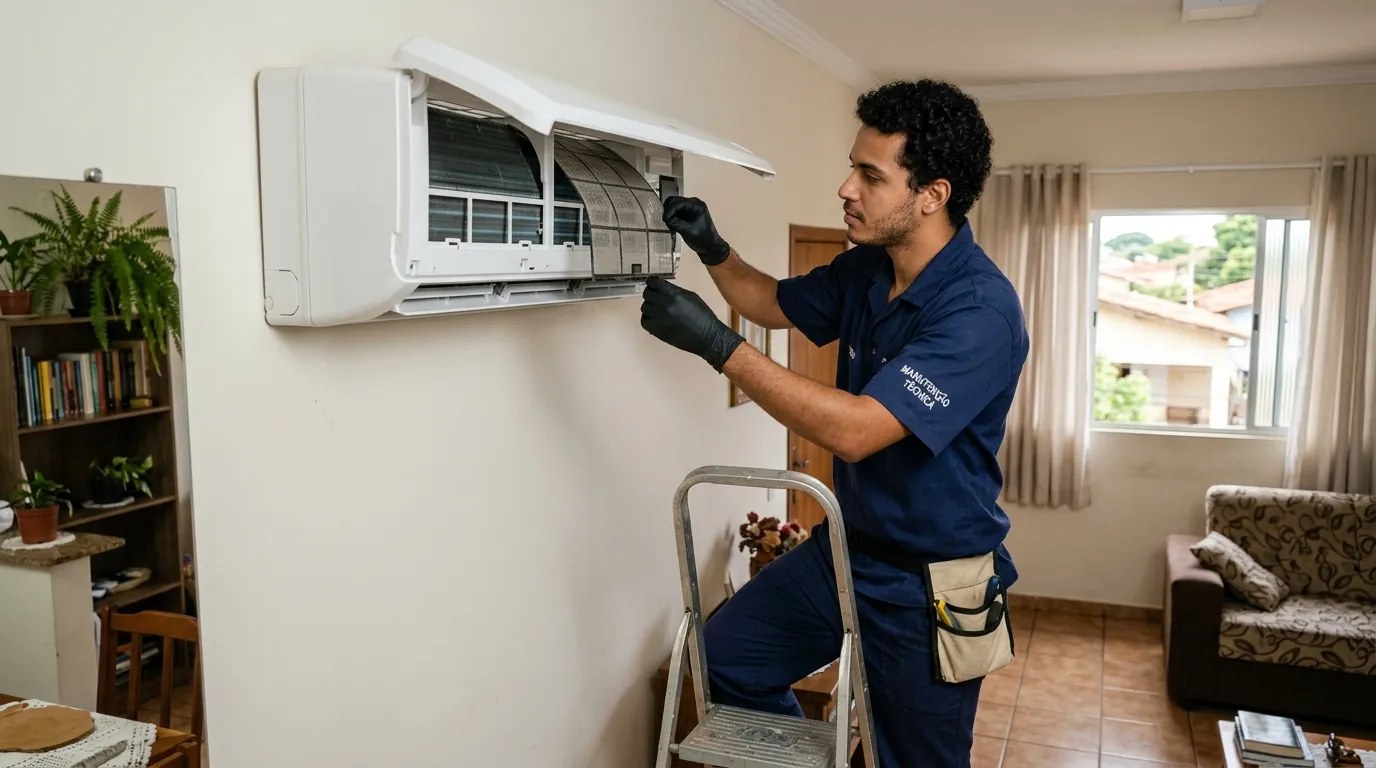 Técnico fazendo limpeza e higienização de ar-condicionado split em Santo André‑SP