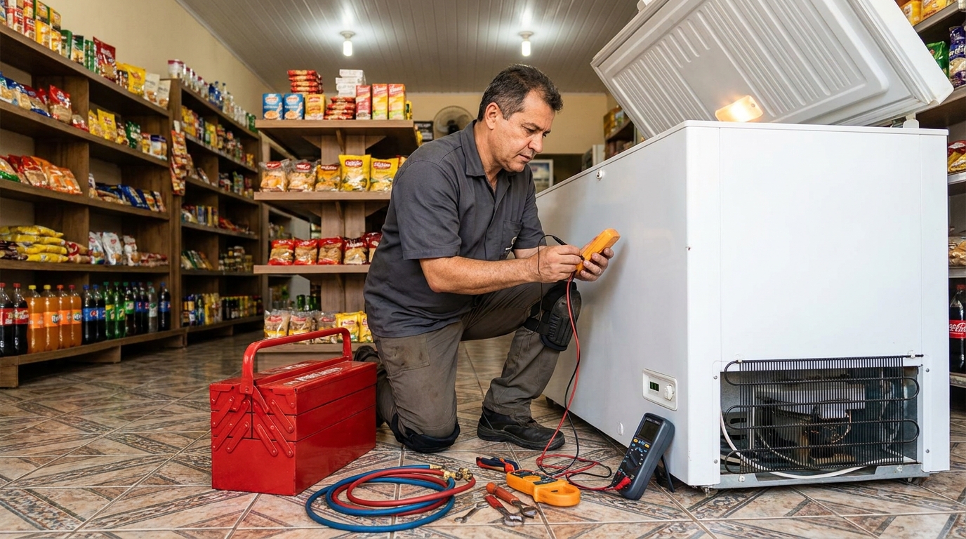 Manômetro conectado ao circuito durante recarga de gás de freezer na Vila Floresta, Santo André‑SP