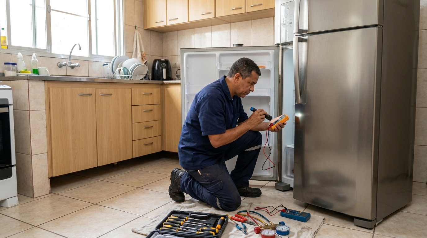Técnico fazendo recarga de gás em geladeira de cliente na Vila Eldorado, Santo André‑SP