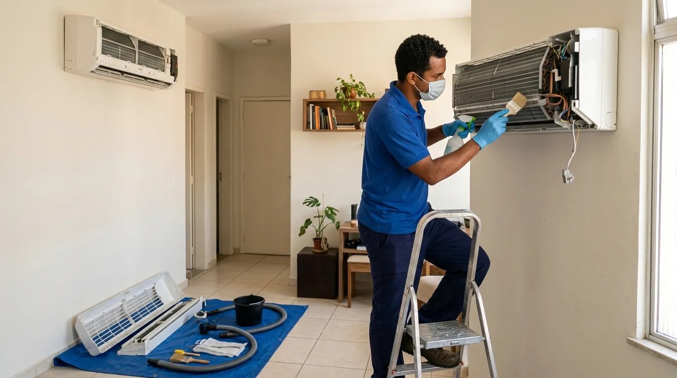 Técnico fazendo manutenção de ar-condicionado split em Santo André‑SP