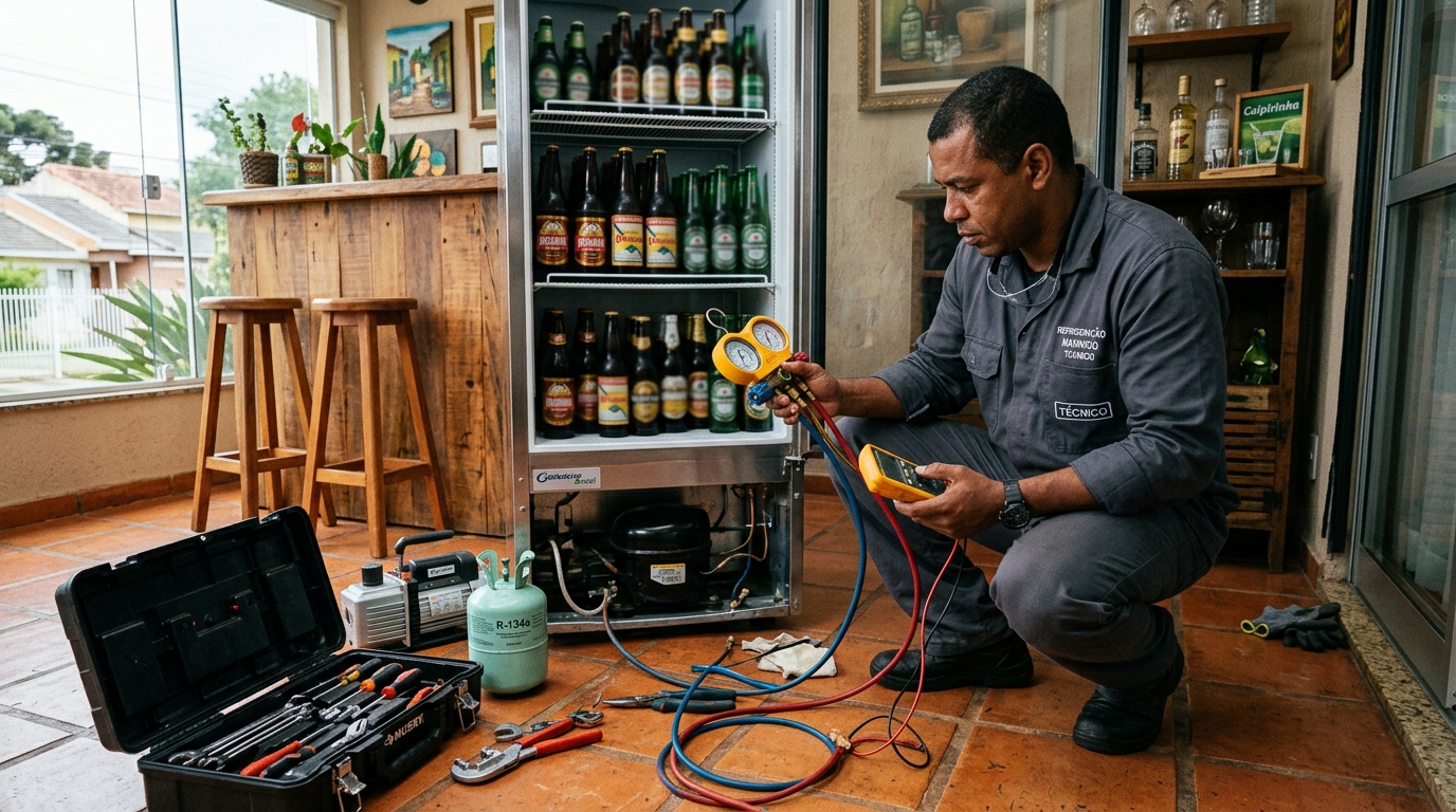 Técnico conferindo a temperatura de uma cervejeira durante atendimento em Utinga, Santo André‑SP