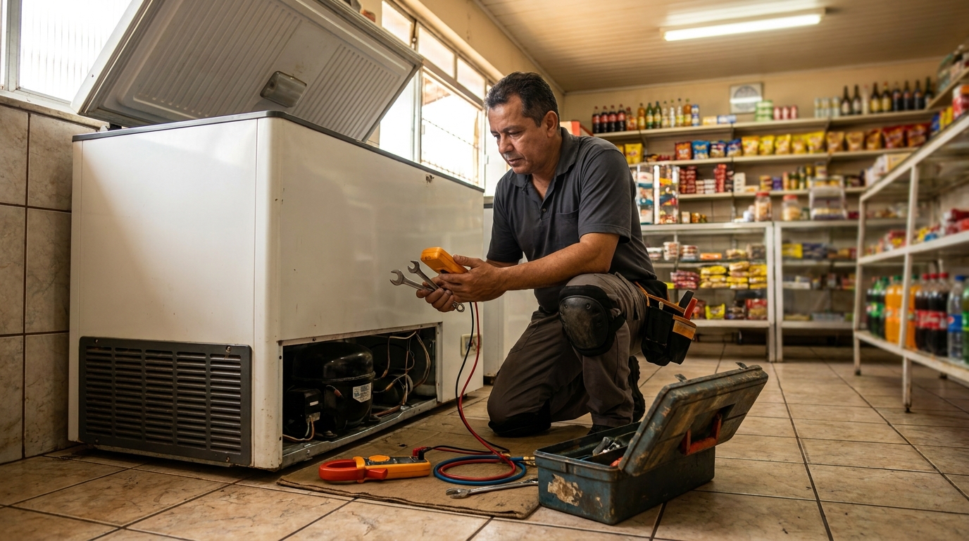 Técnico avaliando um freezer vertical durante atendimento na Vila Floresta, Santo André‑SP