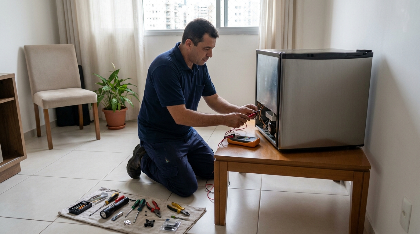 Técnico avaliando um frigobar compacto durante atendimento no Parque do Pedroso, Santo André‑SP